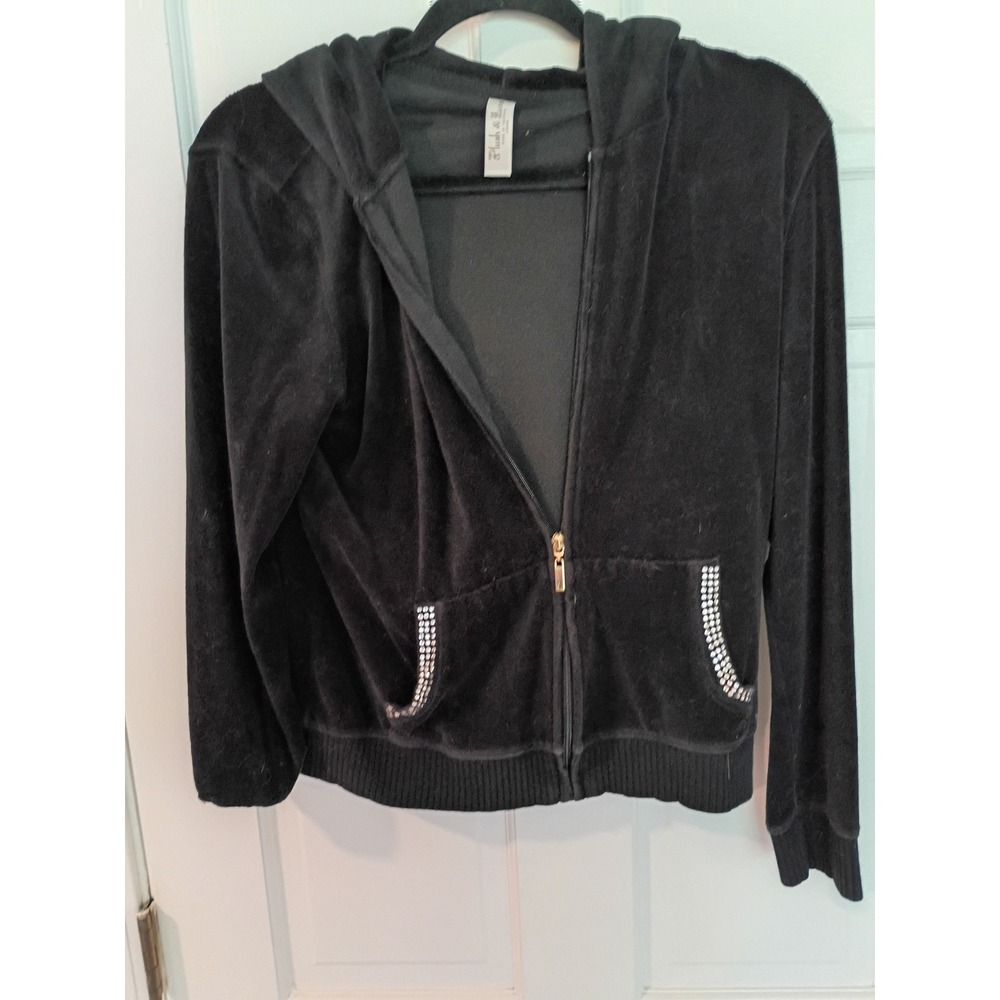 Plush & Lush Black Velour Rhinestone Zip Up Hoodie Y2K Velvet Jacket Large